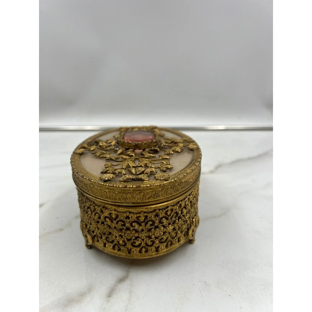 Vintage Filigree Amber Glass Jeweled Top Jewelry Trinket Box Display Case